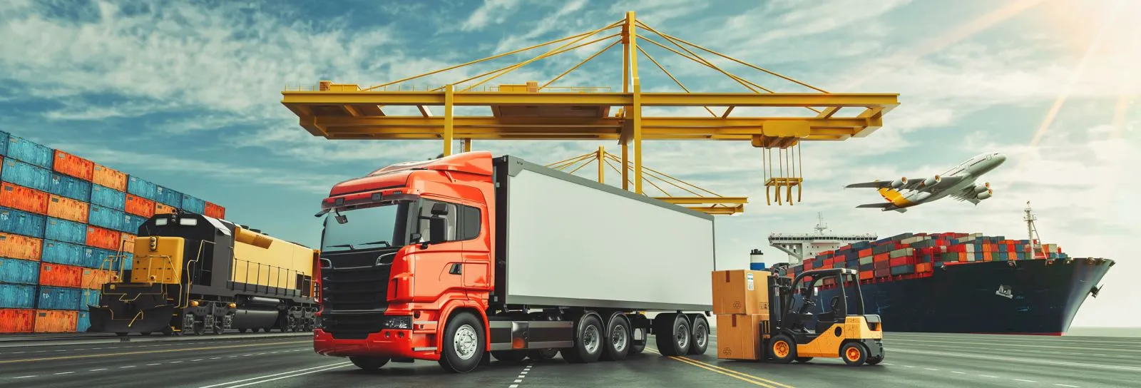 Multimodaler Transport per LKW, Bahn, Schiff und Flugzeug für europaweiten Versand